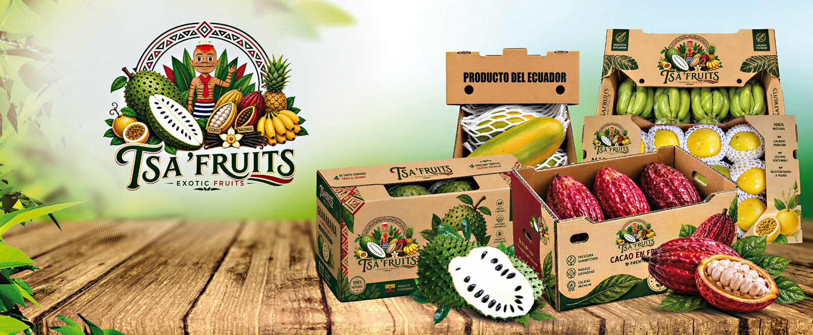 Tsa' Fruits — cajas de exportación de guanábana, papaya, maracuyá, cacao y banano